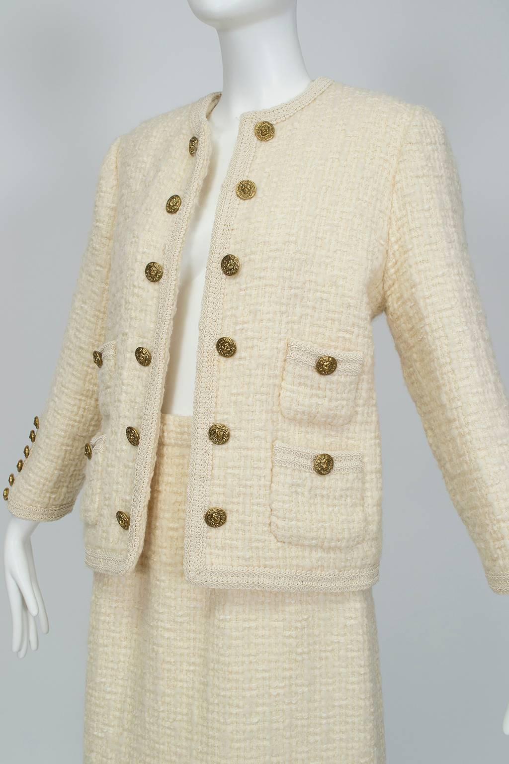 Beige Chanel-Inspired 28-Button Bouclé Cardigan Suit, 1960s