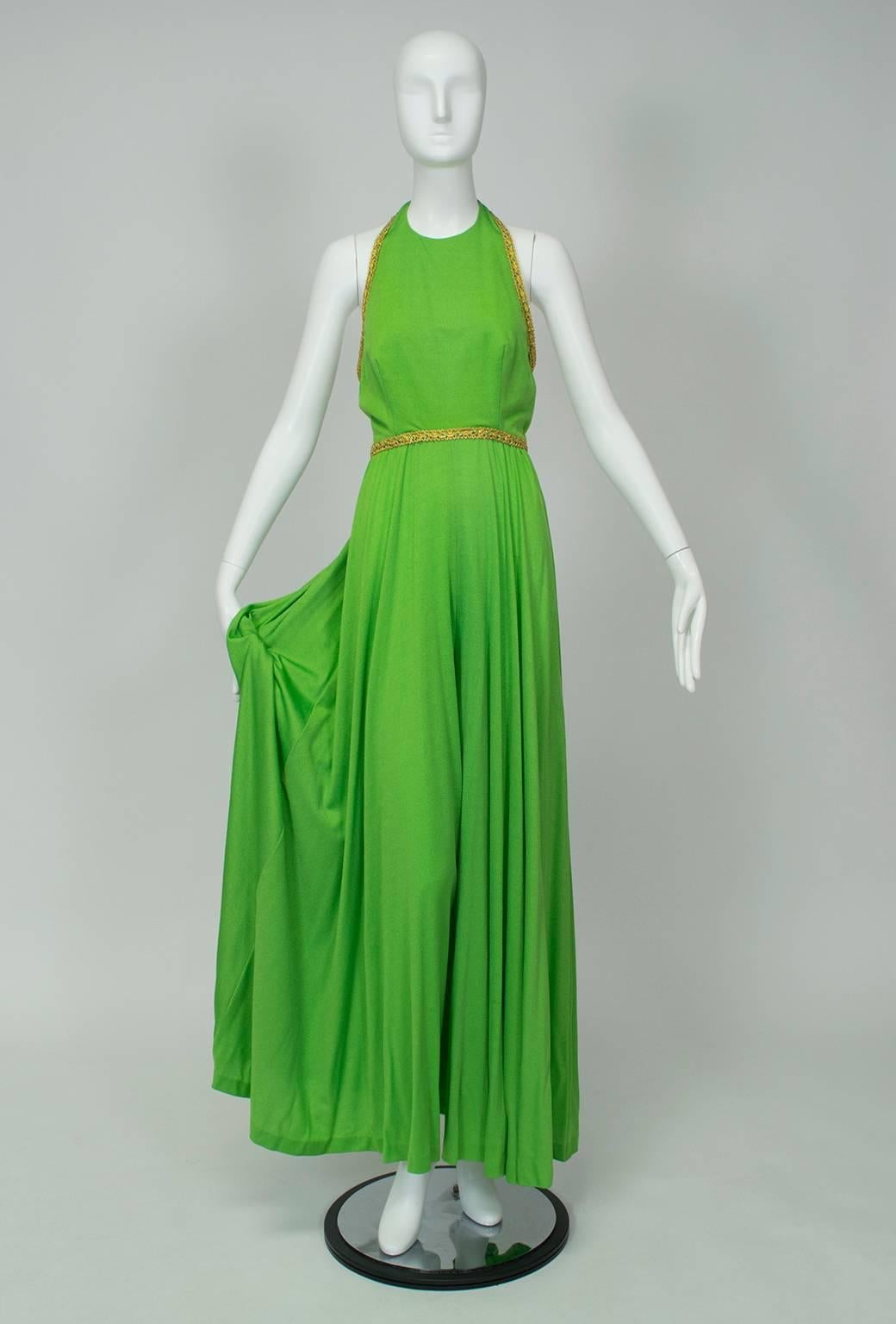 Vert Joseph Magnin Mad Men-Worn Lime Palazzo Combinaison tunique ornée de bijoux - XS, années 1960 en vente