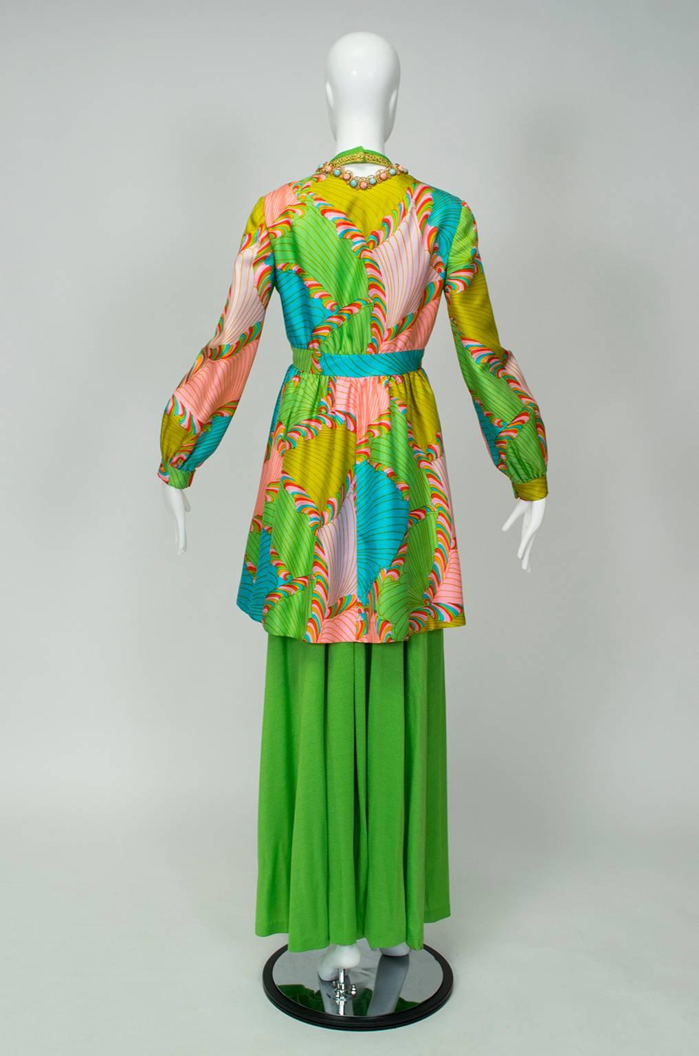 Just in case a backless lime green jumpsuit with four-foot wide legs isn't enough, the coordinating silk twill tunic--studded with cabochons around the neckline--can be worn in tandem with the ensemble or alone as a mini dress. So good it was worn