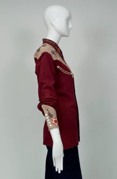 J Bar S Maroon Embroidered Gabardine Western Cowboy Shirt - size S-M, 1940s
