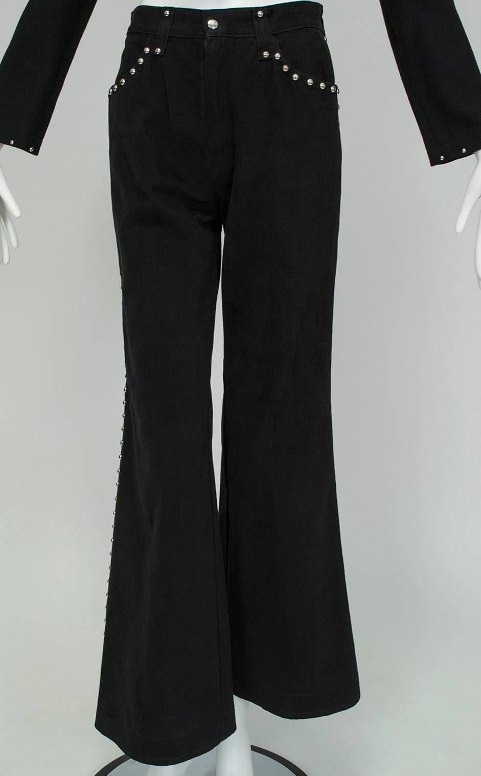 Women's Graceland Black Silver Stud Wool Bellbottom Ranch Wear Rodeo Set - S-M, 1960s For Sale