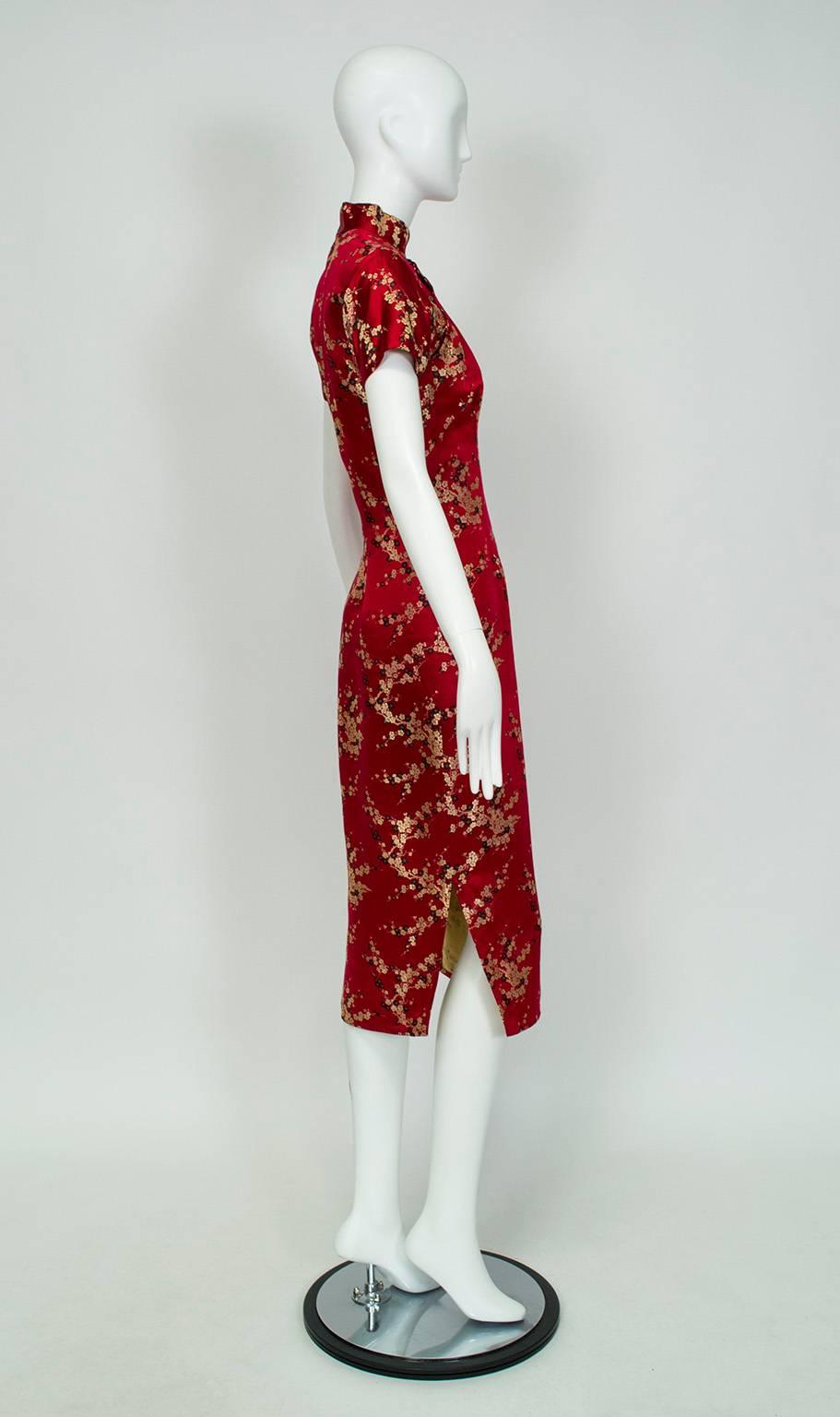 From the estate of a WWII nurse who traveled Asia (alone!) during her leave, this traffic-stopping dress was custom-made in Shanghai in the only color that counts: red brocade.  As close as it gets to starring in a war-era film noir; best paired