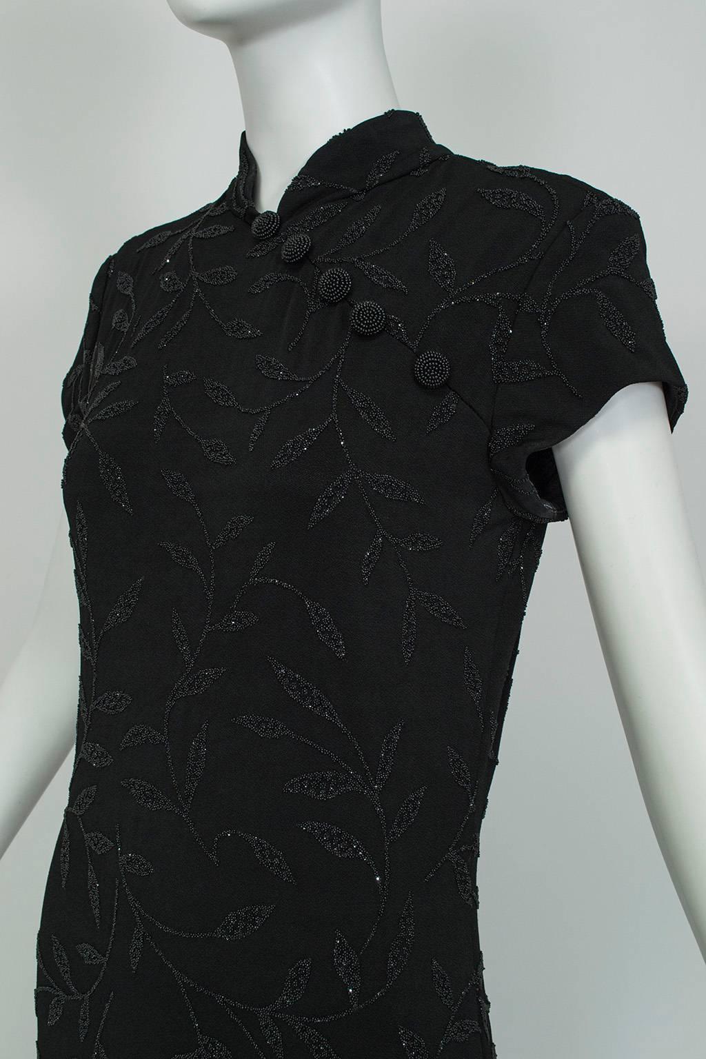 Huey Waltzer Beaded Qipao Black Column Gown - US 6, 1997 In Excellent Condition In Tucson, AZ
