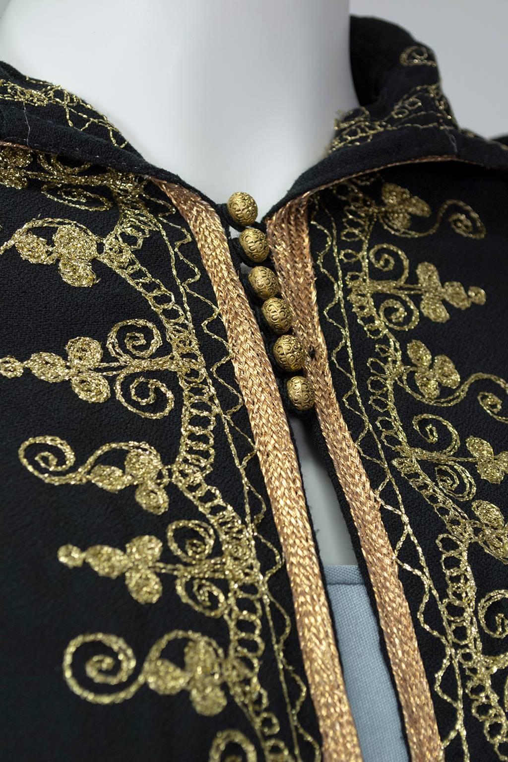 Moroccan Gold Embroidered Cloak with Tasseled Hood, 1960s In Excellent Condition In Tucson, AZ