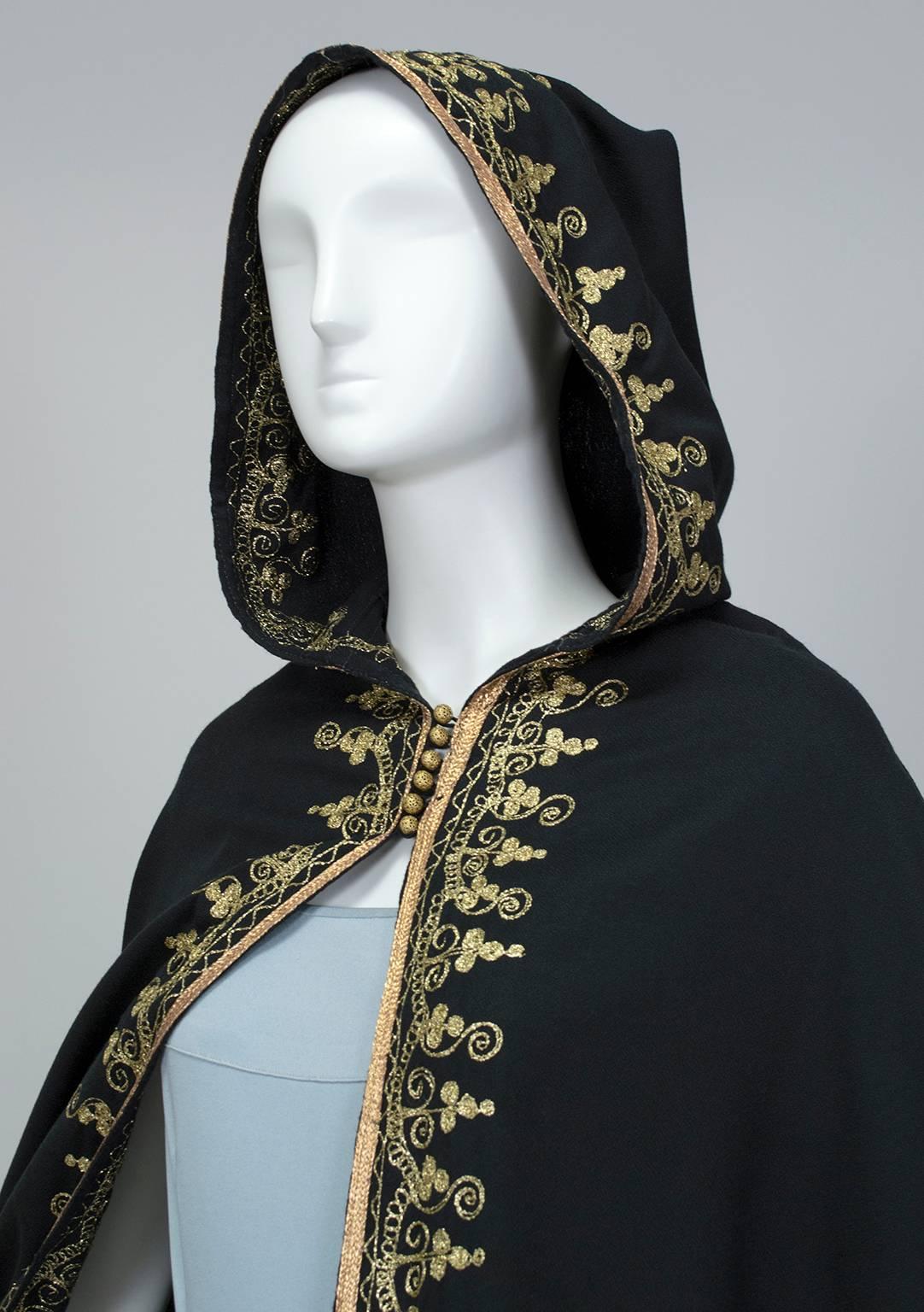 Black Moroccan Gold Embroidered Cloak with Tasseled Hood, 1960s