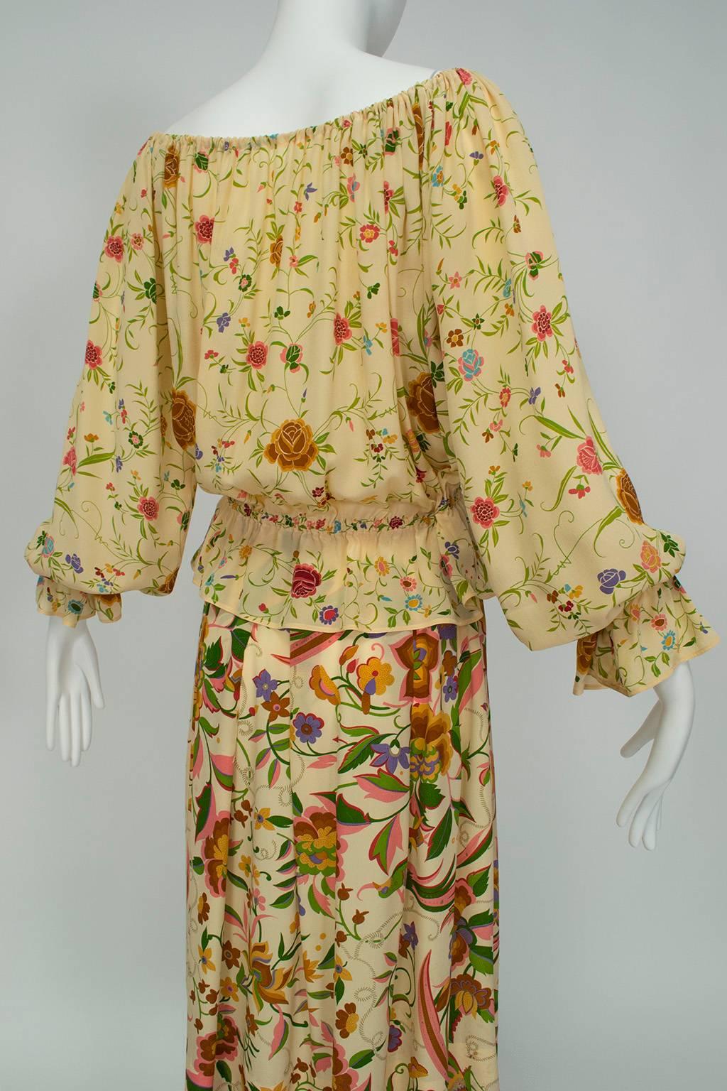 Brown Deanna Littell French Provincial Floral Peasant Blouse and Midi Skirt - M, 1970s