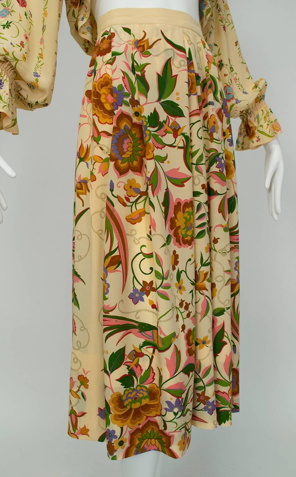 Deanna Littell French Provincial Floral Peasant Blouse and Midi Skirt - M, 1970s In Good Condition In Tucson, AZ