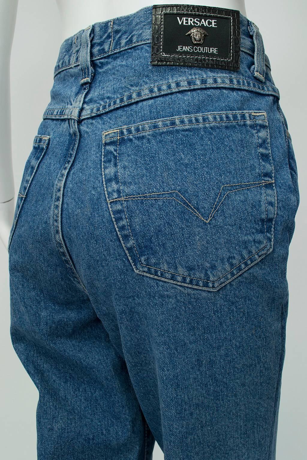 Blue Versace Straight Leg Raw Denim Jeans with Silver Medusa Rivets - It 46, 1999