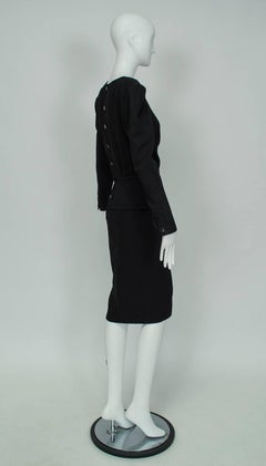 Valentino Black Long Sleeve Crêpe Back-Button Peplum Shift Dress - L, 1980s