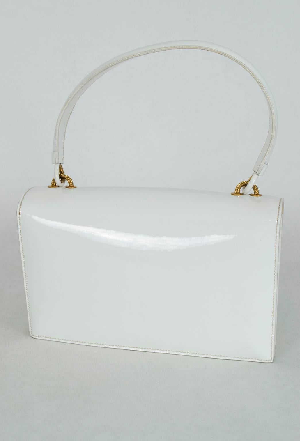 Vintage Hermès Sac Cordelière White Patent Leather Envelope Handbag- 25 cm, 1951 In Good Condition For Sale In Tucson, AZ
