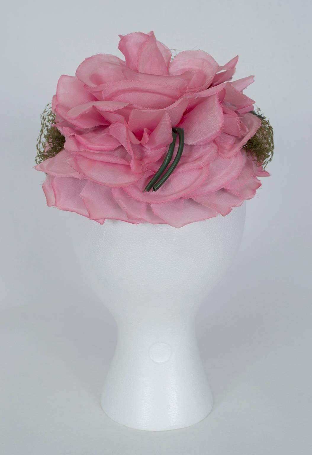 Gilbert Orcel Rose Petal Cocktail Hat with Veil, 1950s In Excellent Condition In Tucson, AZ