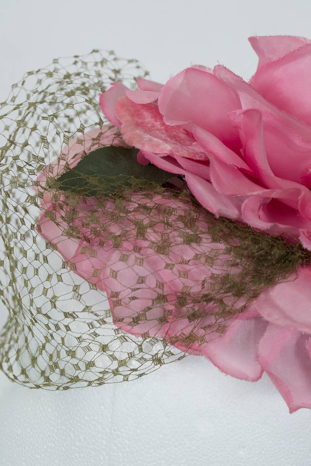 Gilbert Orcel Rose Petal Cocktail Hat with Veil, 1950s 1