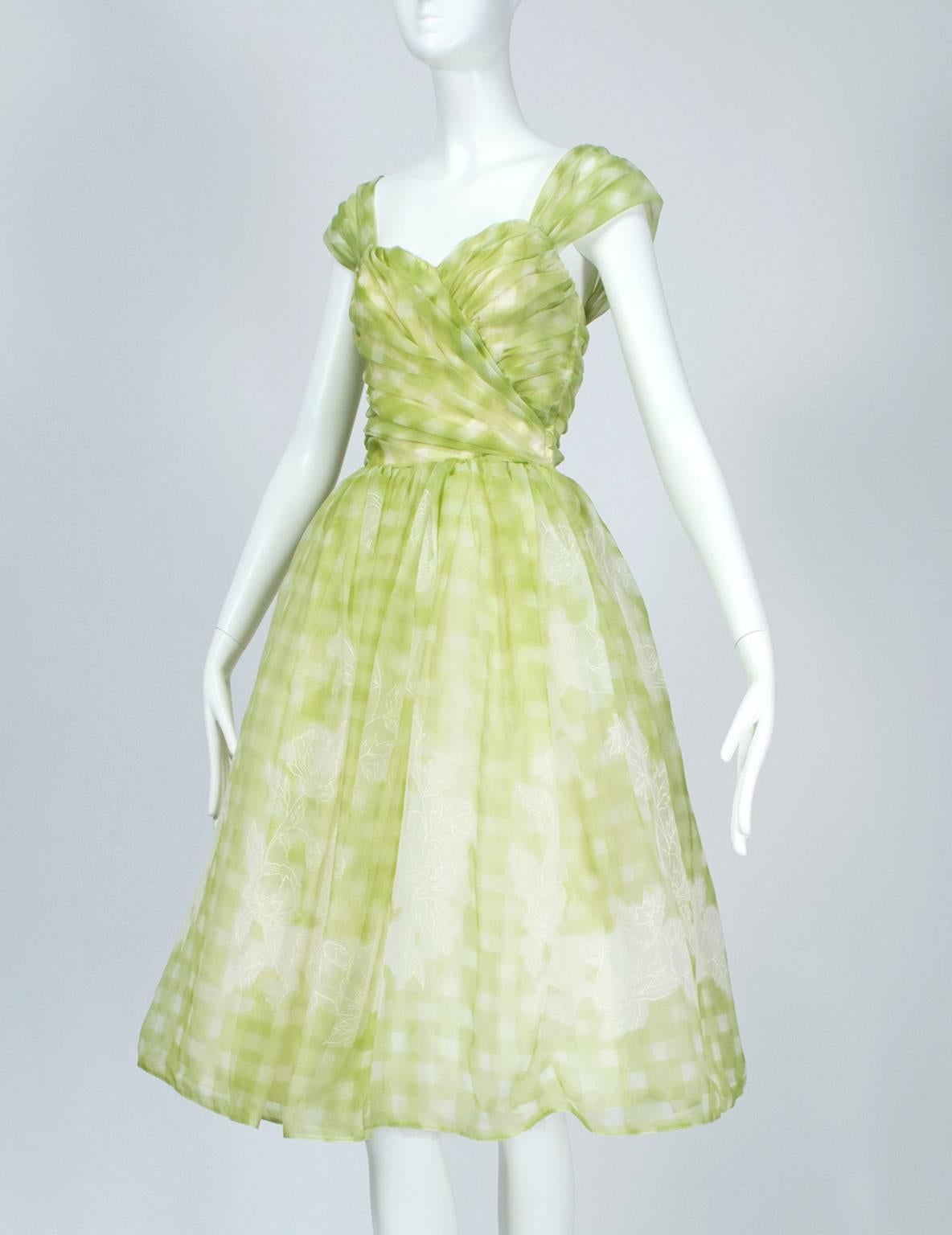 Verwandelbares Partykleid aus Limonen-Gingham und geblümtem Bouffant - Klein, 1950er Jahre (Grün) im Angebot