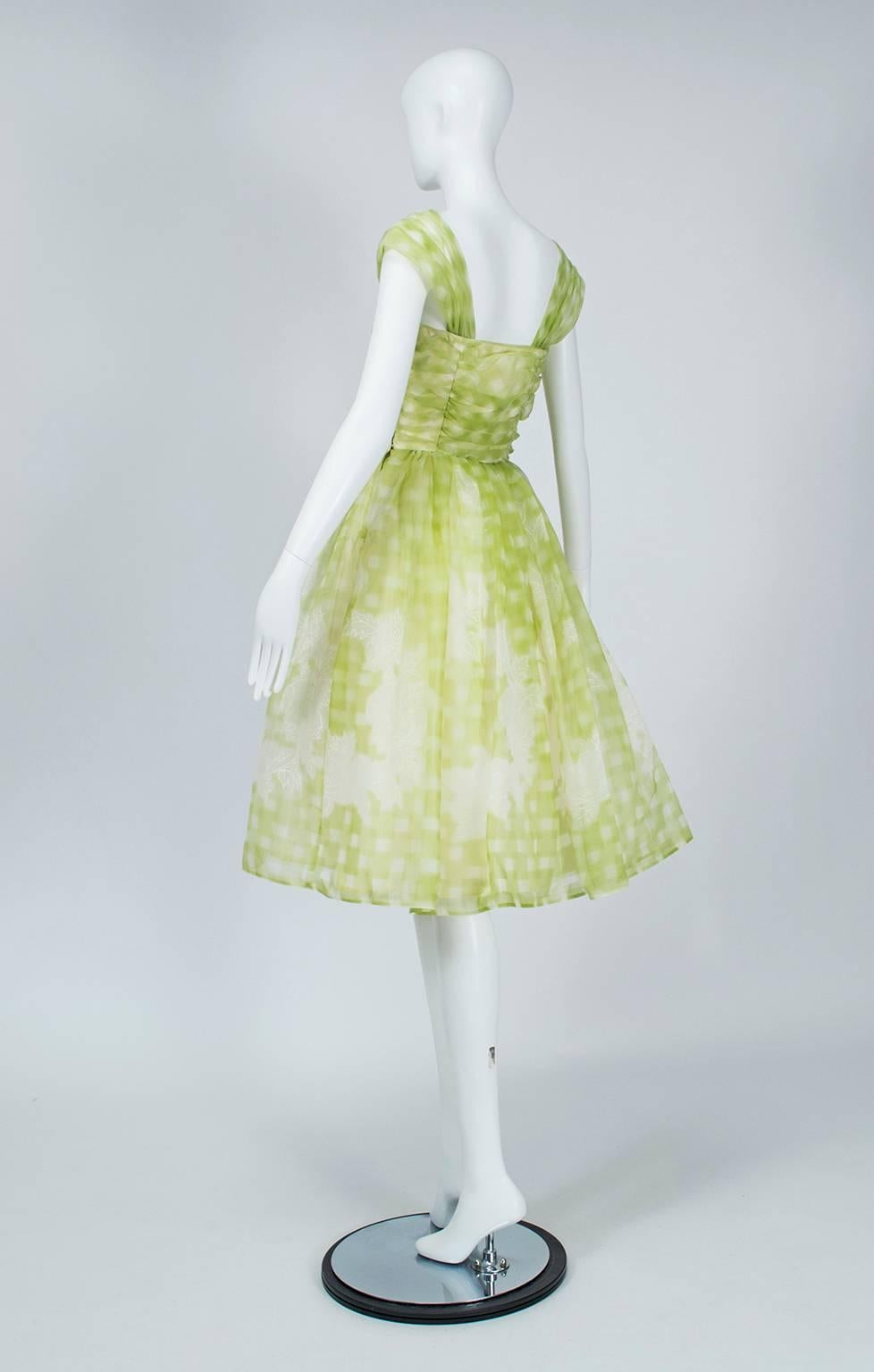 Verwandelbares Partykleid aus Limonen-Gingham und geblümtem Bouffant - Klein, 1950er Jahre im Zustand „Hervorragend“ im Angebot in Tucson, AZ