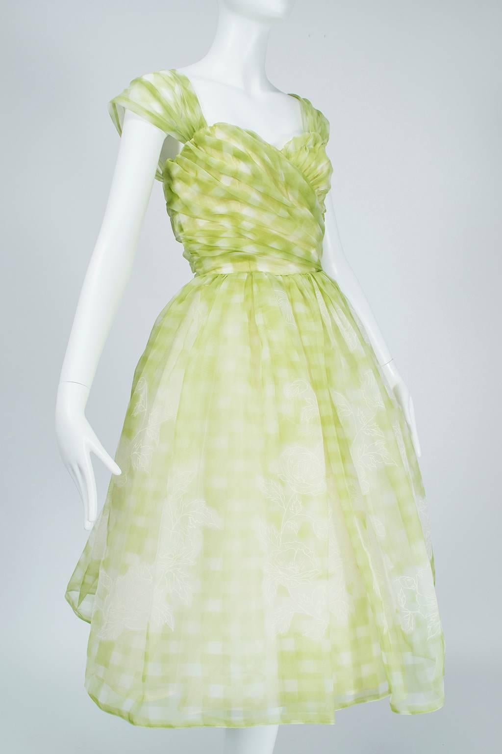 Robe de soirée convertible en vichy citron et à fleurs bouffantes - Petite, années 1950 Pour femmes en vente