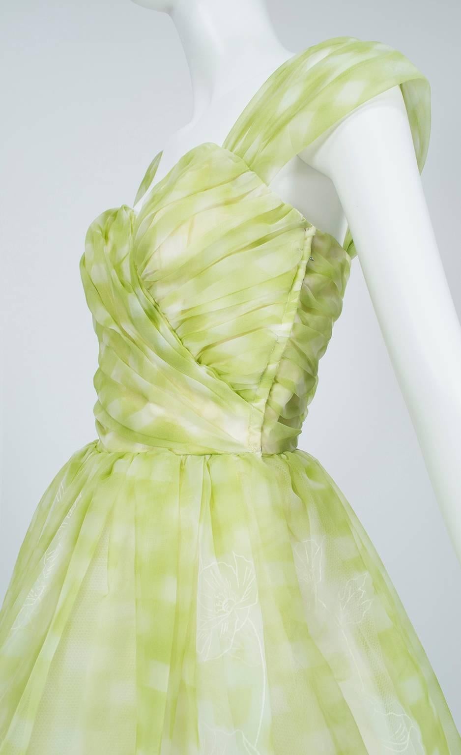 Green Convertible Lime Exploded Gingham Bouffant Party Dress - Small, 1950s For Sale
