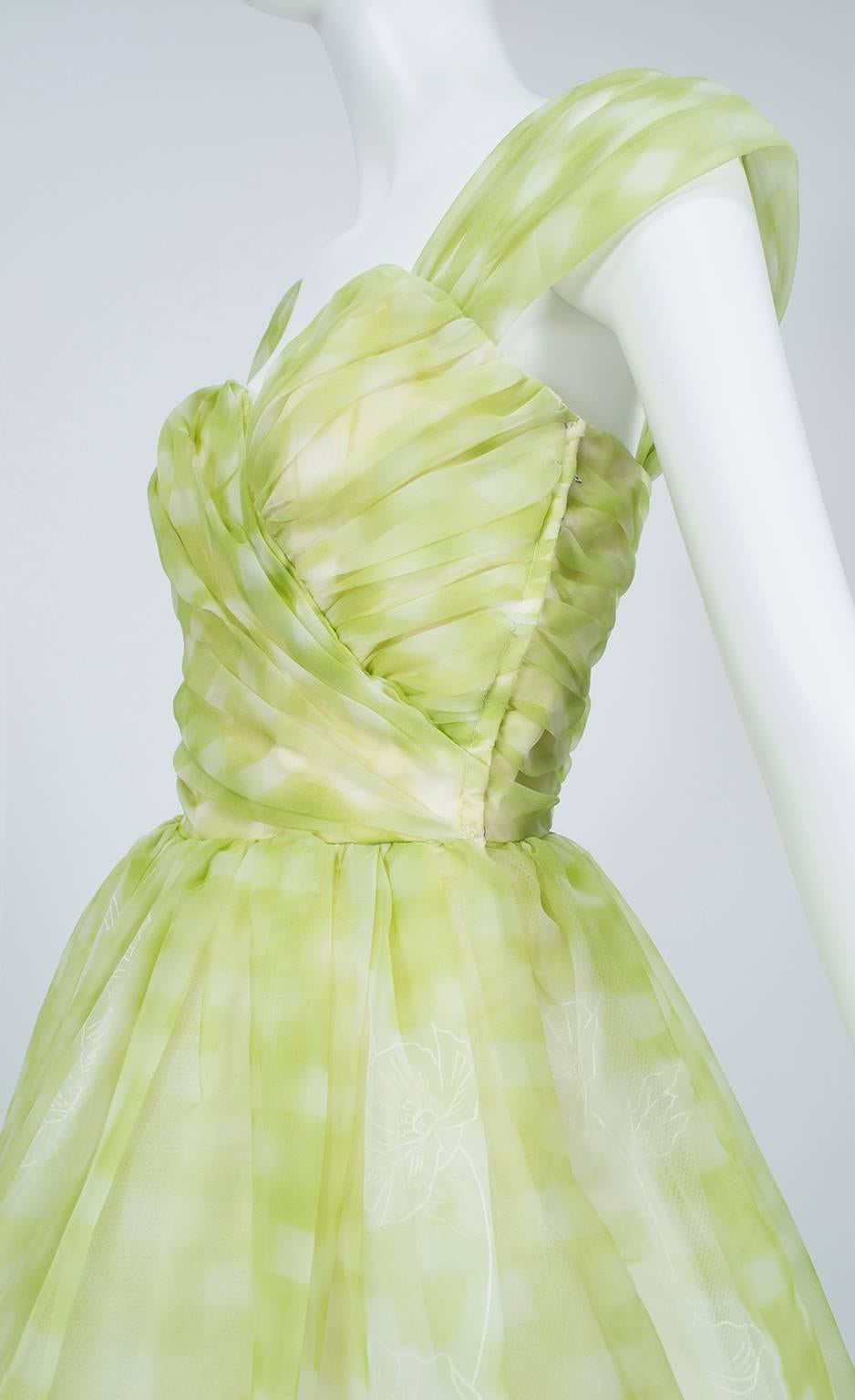 Green Convertible Lime Gingham and Floral Bouffant Party Dress - Small, 1950s For Sale