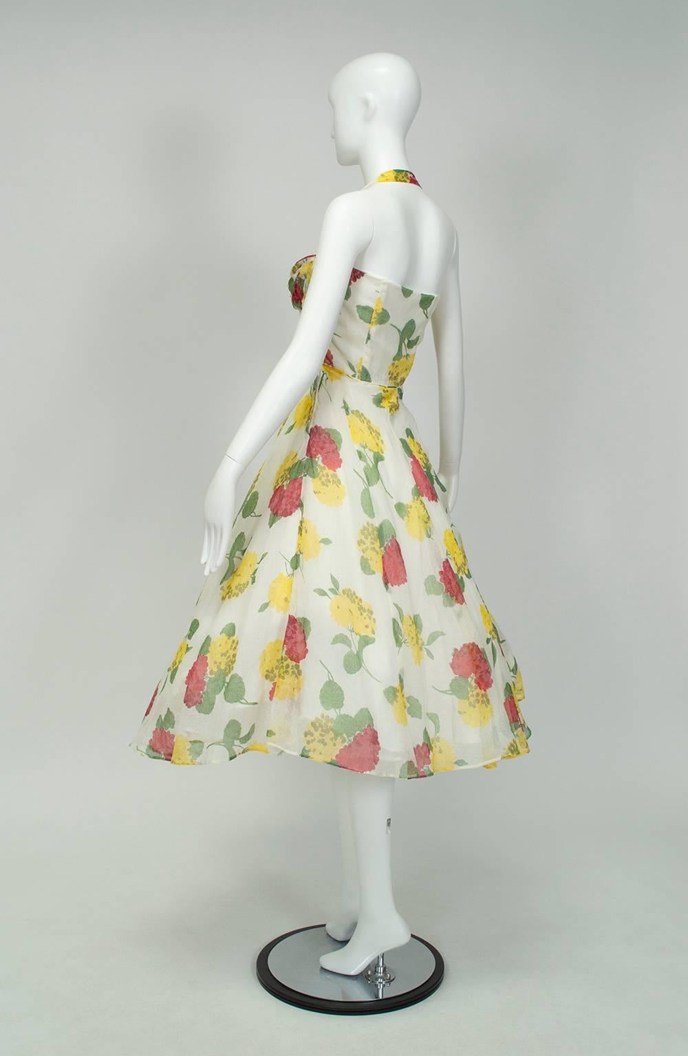 Vestido circular floral amarillo convertible con repisa de pedrería Busto-S, años 50 Beige en venta