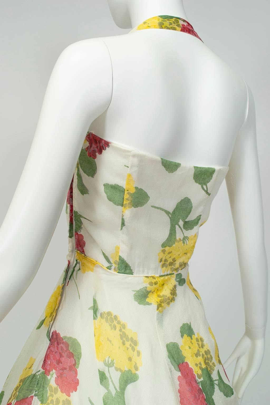 Convertible Yellow Floral Circle Dress w Rhinestone-Studded Shelf Bust-S, 1950s In Good Condition For Sale In Tucson, AZ
