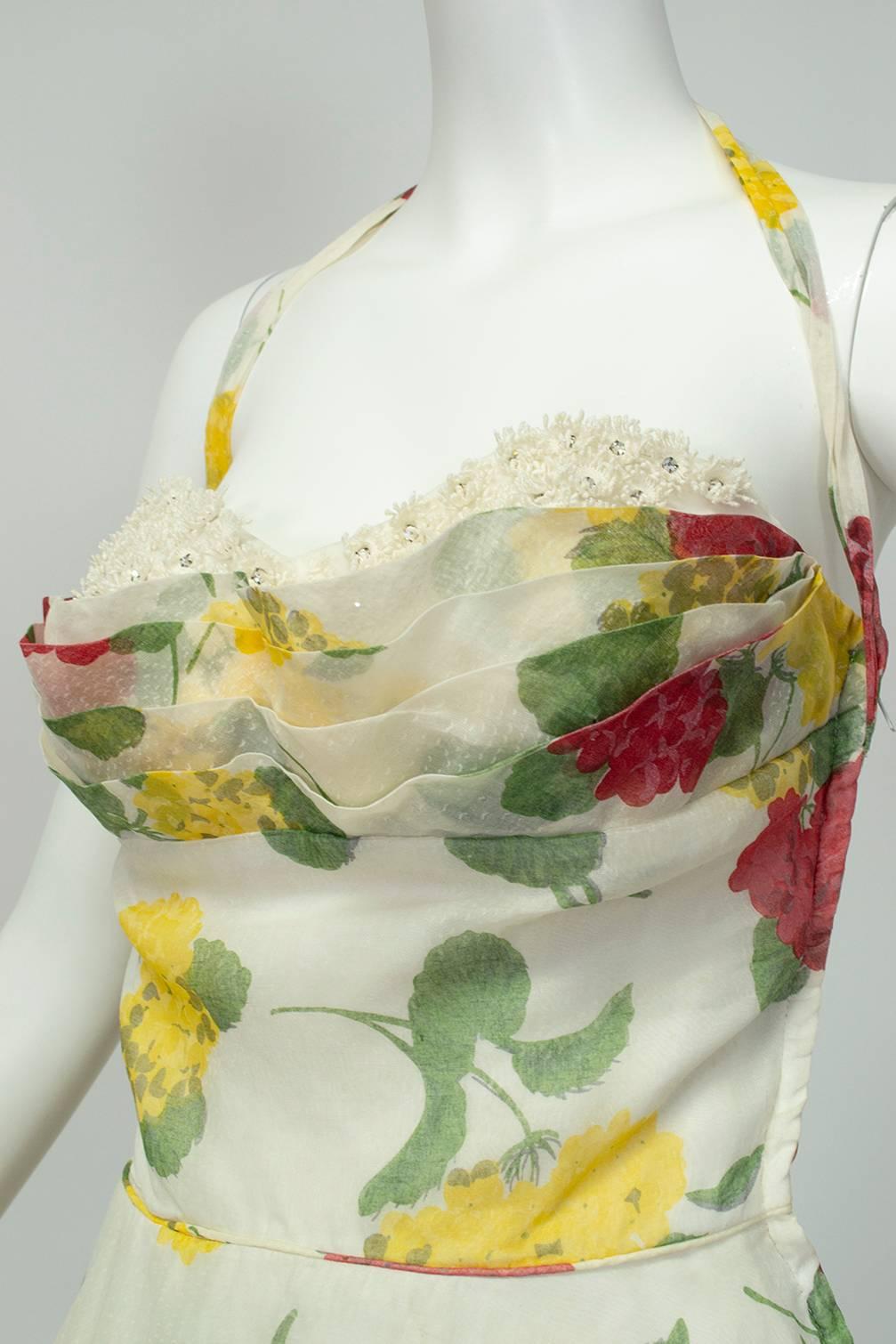 Vestido circular floral amarillo convertible con repisa de pedrería Busto-S, años 50 en venta 1