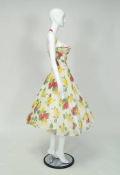 Convertible Yellow Floral Circle Dress w Rhinestone-Studded Shelf Bust-S, 1950s