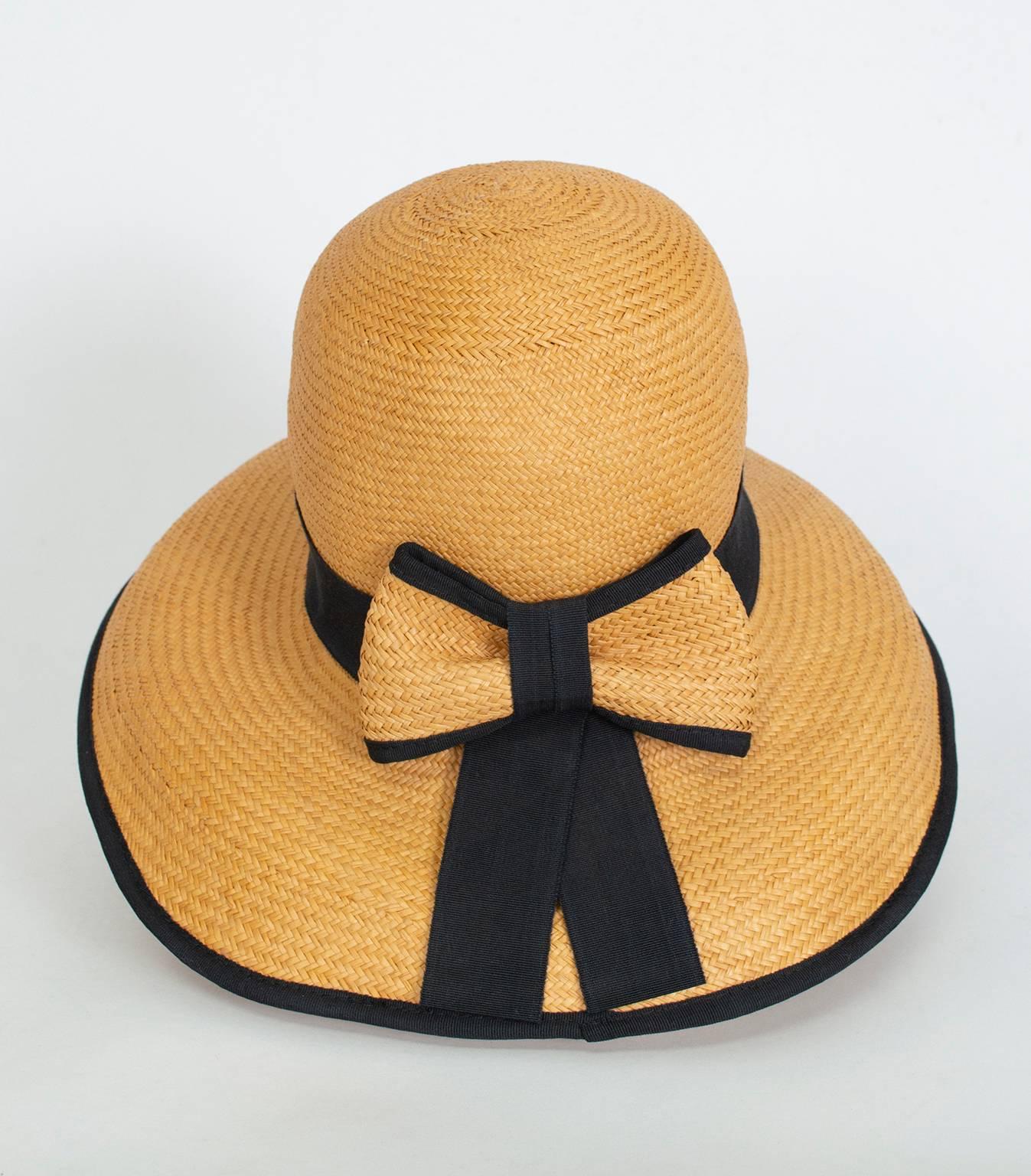 Beige Natural Straw Bucket Sun Hat with Black Grosgrain Trim, 1960s