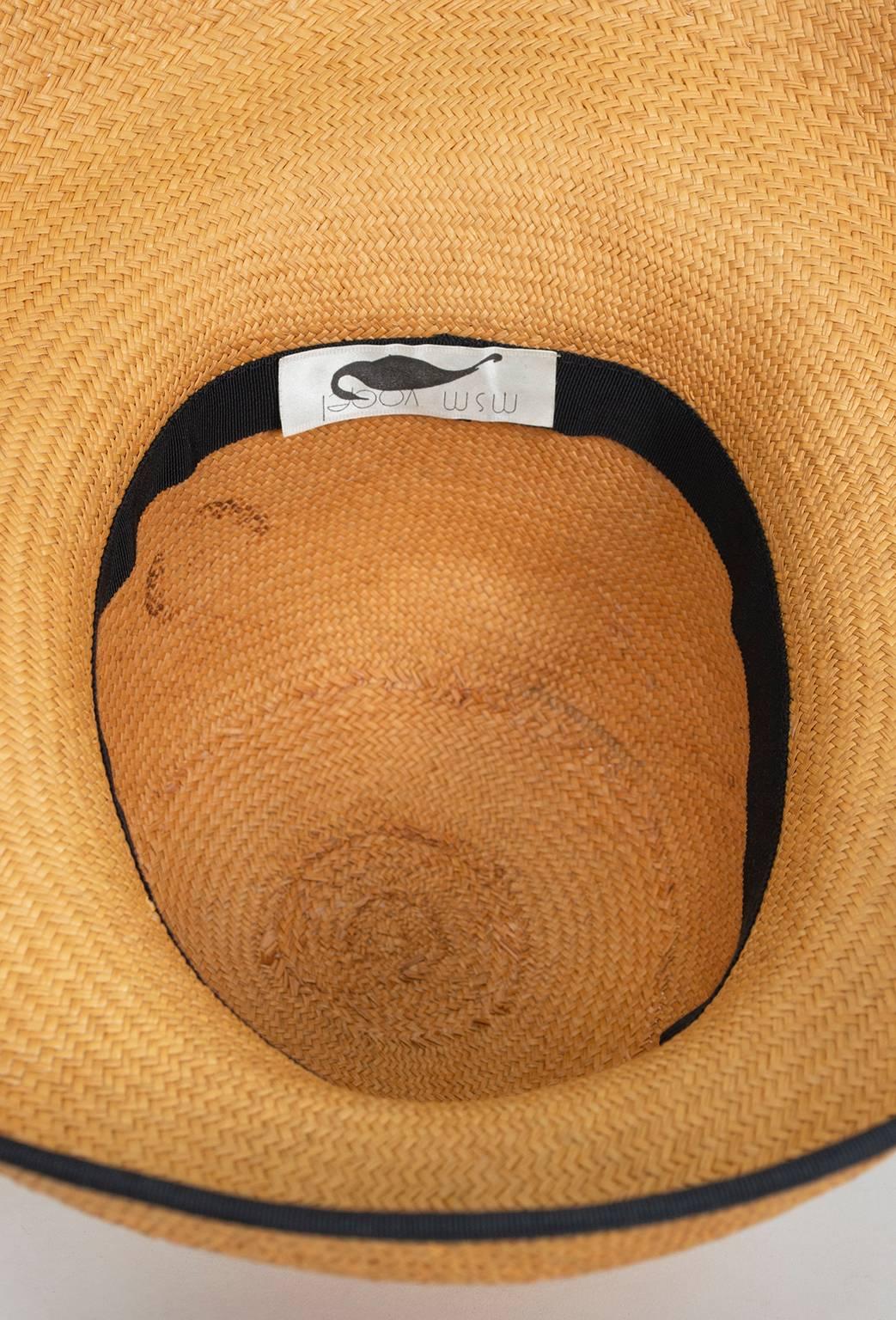 Women's Natural Straw Bucket Sun Hat with Black Grosgrain Trim, 1960s