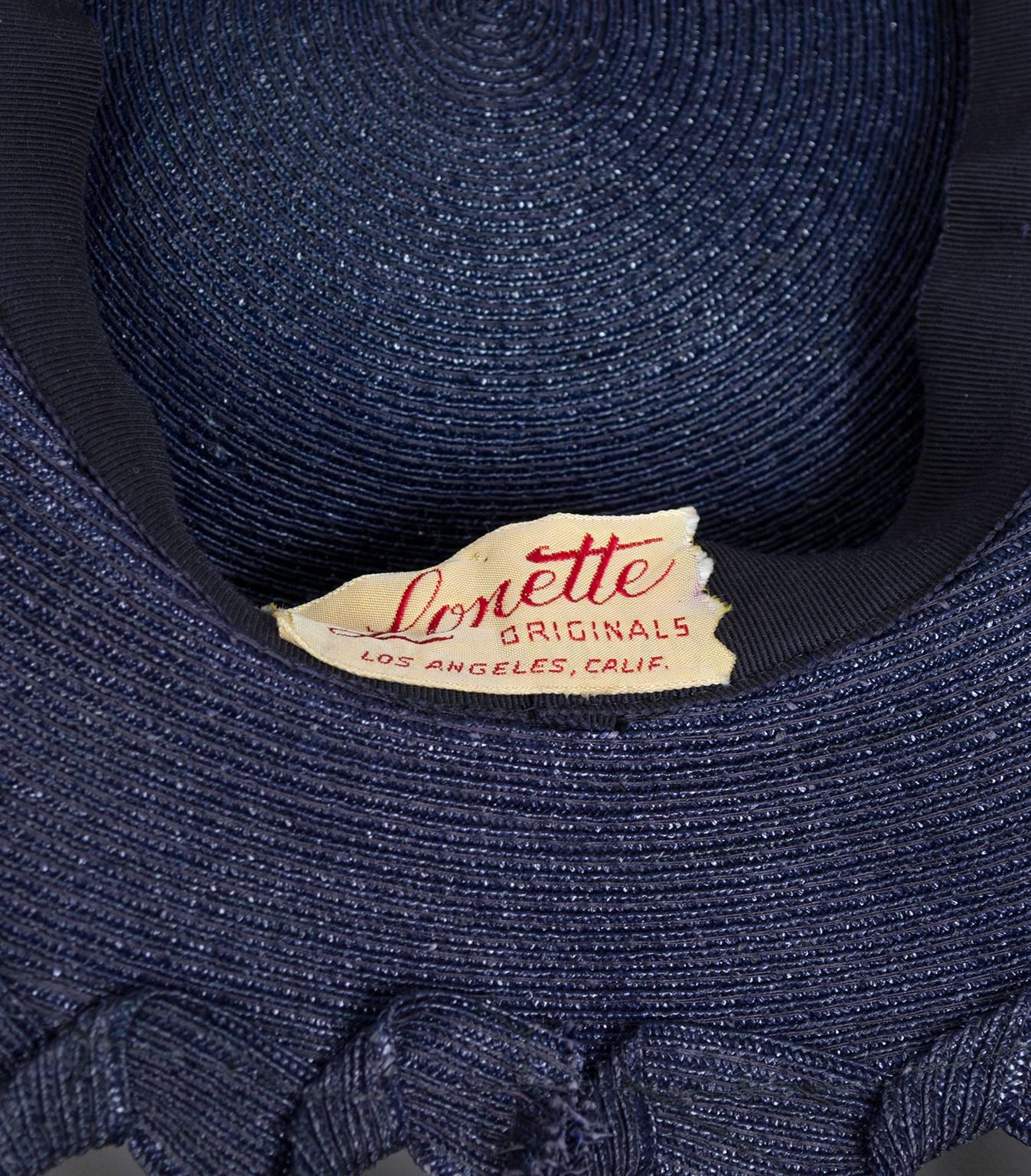 Gray Navy Hole-Punched Straw Wide Brimmed Sun Hat, Oh La La! - Small, 1950s For Sale