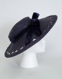 Navy Hole-Punched Straw Wide Brimmed Sun Picture Hat - S, 1950s