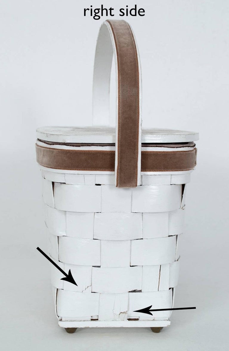 HandPainted White Picnic Basket Purse with Toile Interior, 1950s at