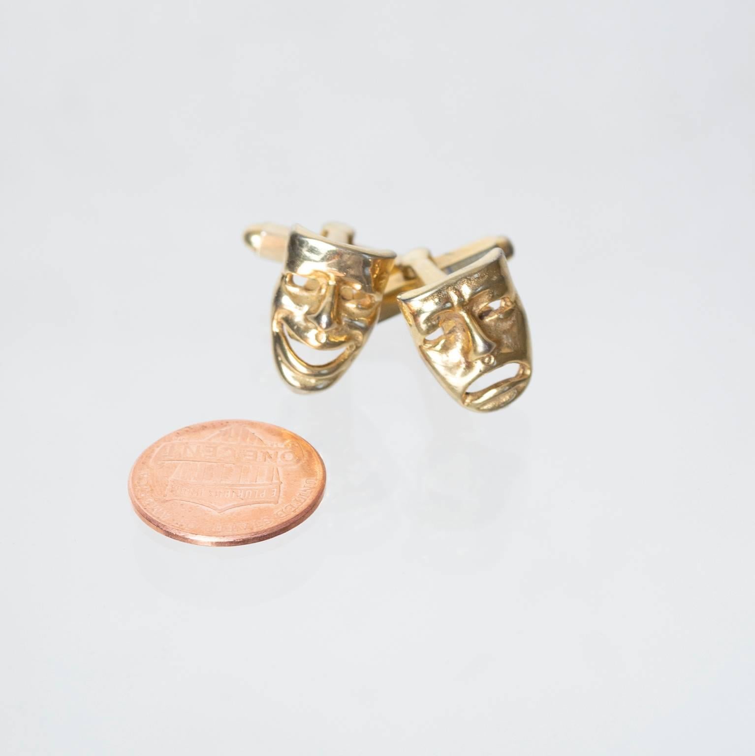 Men's Vintage Gold Comedy and Tragedy Theater Mask Cuff Links, 1960s 2