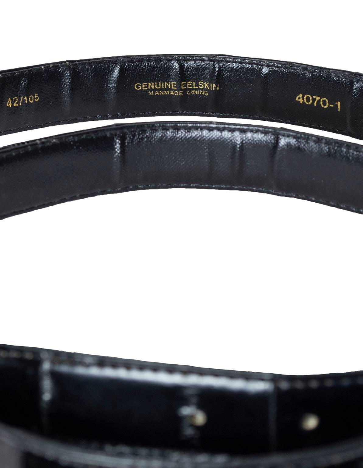 Men's Black Eelskin Leather Belt with Goldtone Buckle - US 40, 1980s For Sale 1