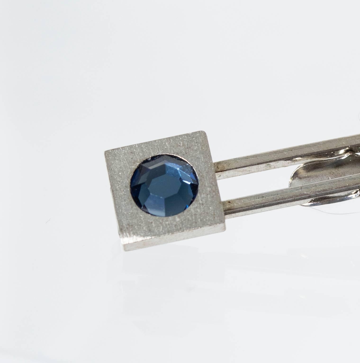 Men's Beveled Silver and Aquamarine Crystal Tie Bar and Cuff Link Set, 1950s In Excellent Condition In Tucson, AZ