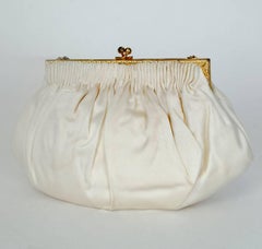 Denise Francelle Paris Ivory Satin and Floral Tambour Bridal Purse, 1960s