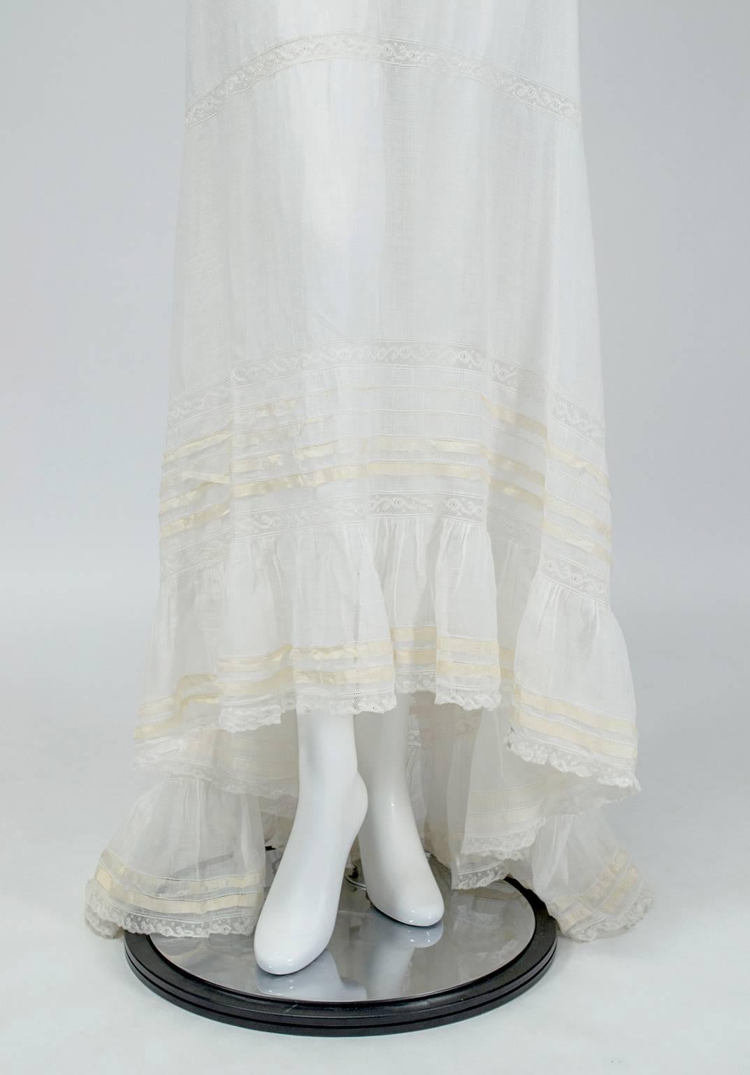 Women's Victorian White Batiste Bustle Petticoat Wedding Skirt with Train - XS, 1890s