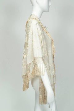 Cream Canton Silk Downton Abbey Embroidered Wedding Shawl - One Size, 1900s