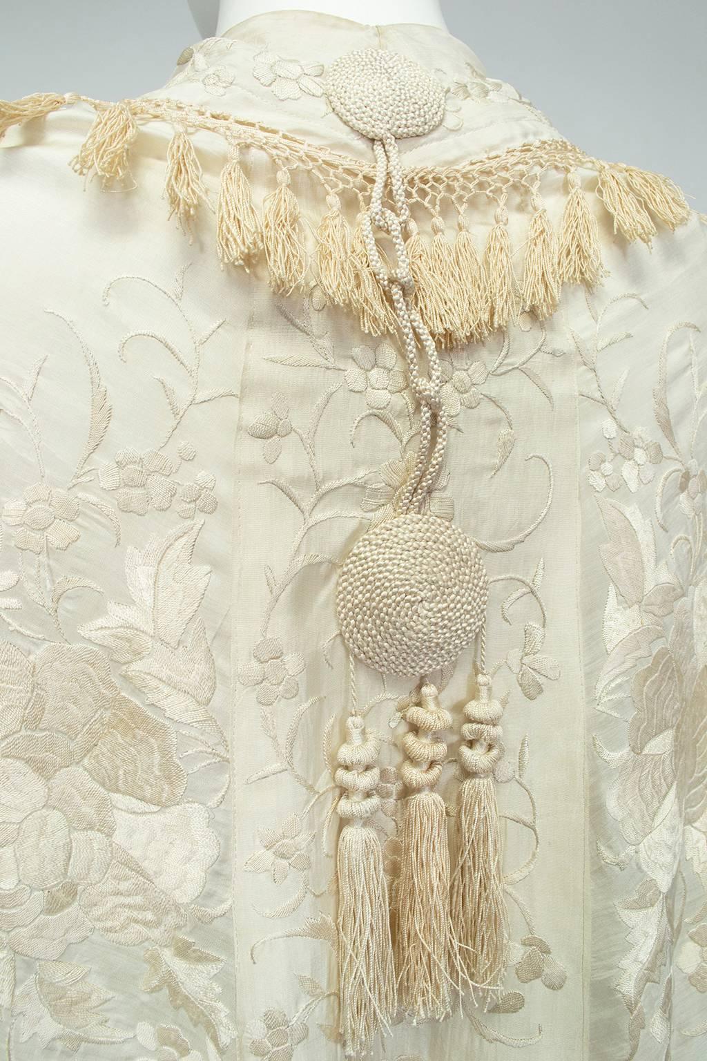 Cream Canton Silk Downton Abbey Embroidered Wedding Shawl - One Size, 1900s 4