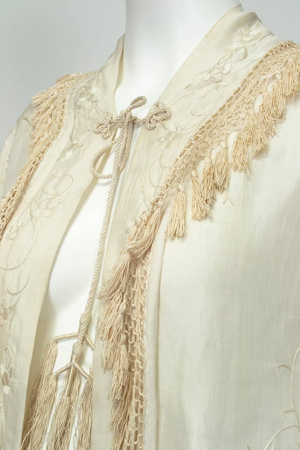 Women's Cream Canton Silk Downton Abbey Embroidered Wedding Shawl - One Size, 1900s