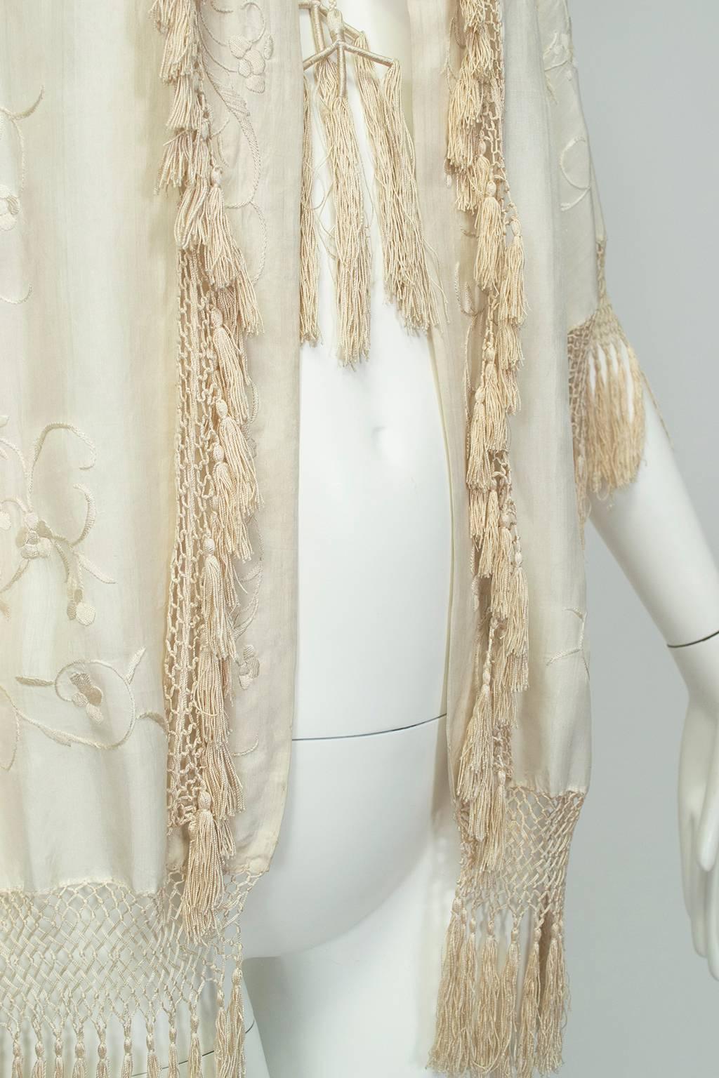 Beige Cream Canton Silk Downton Abbey Embroidered Wedding Shawl - One Size, 1900s