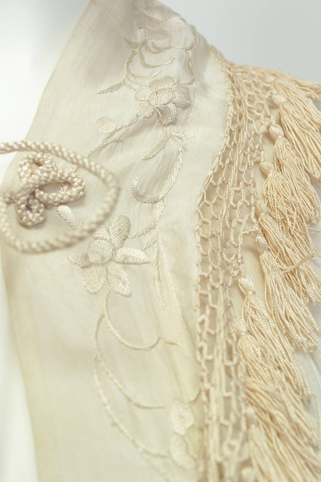 Cream Canton Silk Downton Abbey Embroidered Wedding Shawl - One Size, 1900s 2