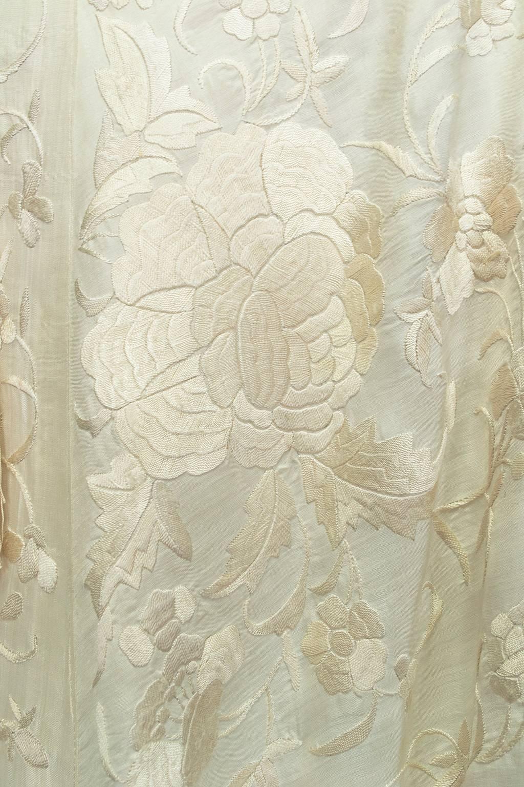 Cream Canton Silk Downton Abbey Embroidered Wedding Shawl - One Size, 1900s 7