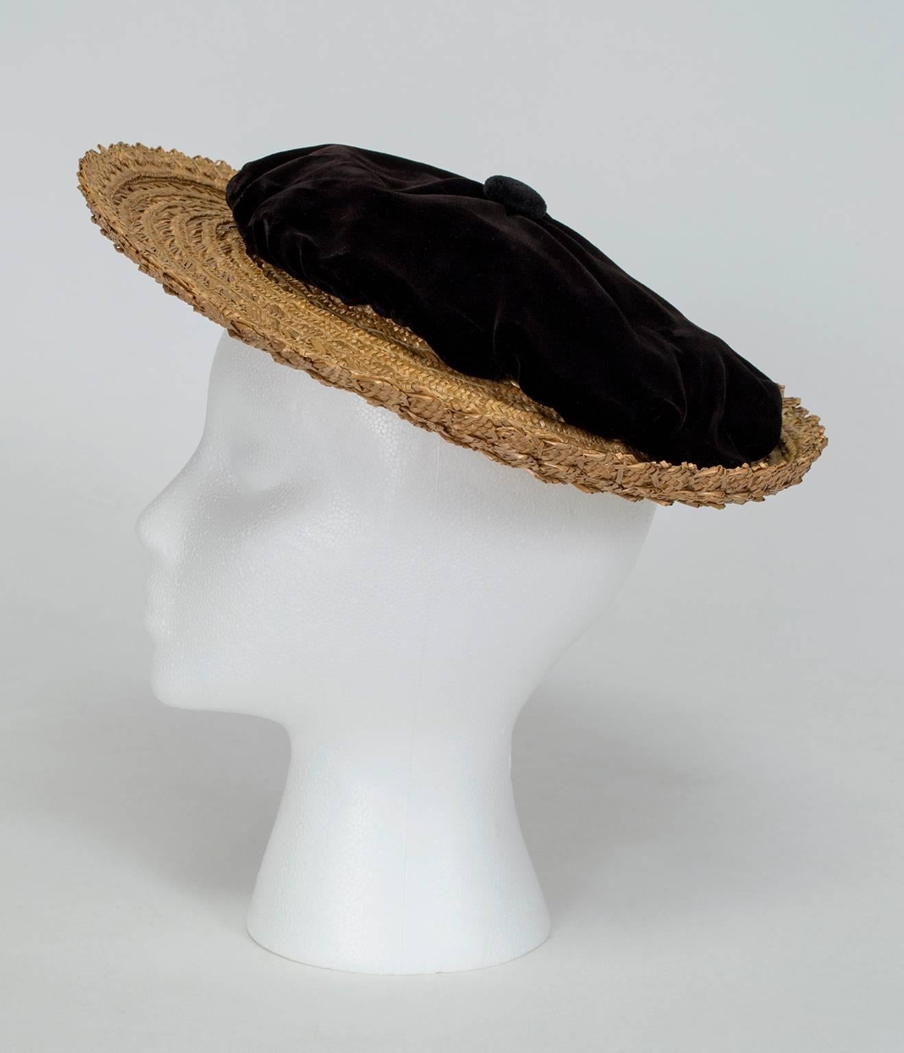 So much like the shallow boaters on which Gabrielle Chanel cut her teeth, with the added feature of an unstructured velvet crown to keep it feminine. One part beret, one part boater and 100% chic.

Natural coarse straw saucer hat with black