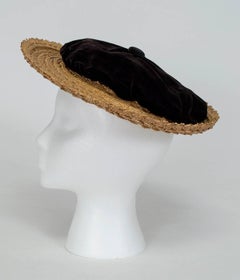Schiaparelli Paris Black Velvet and Straw Summer Boater Hat - Adjustable, 1950s