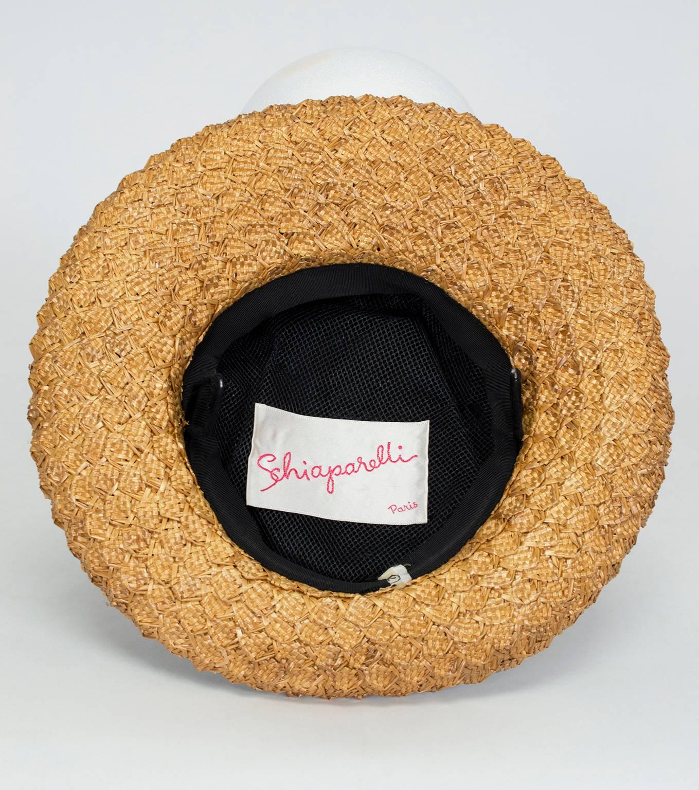 Gray Schiaparelli Paris Black Velvet and Straw Summer Boater Hat - Adjustable, 1950s