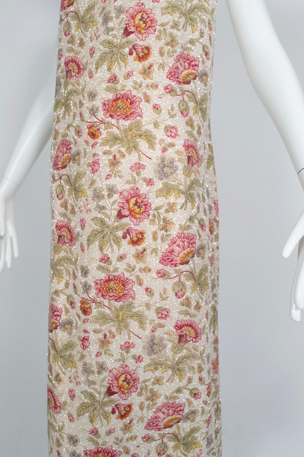 Brown Sleeveless Plum Floral Glass Bead Sack Dress with Gold Piping - M, 1920s For Sale