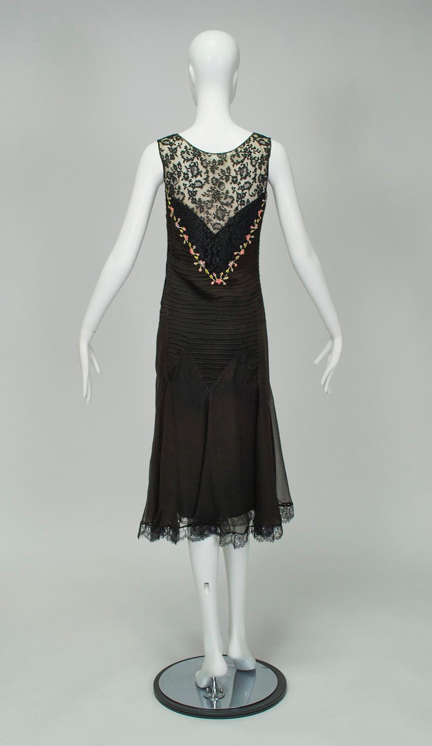 Black Embroidered Drop Waist Trumpet Dress with Pintuck Illusion Bodice, 1920s