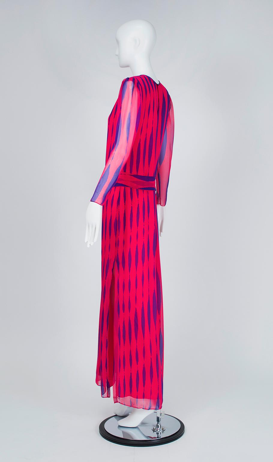 Pink Hanae Mori Fuchsia and Purple Pop Art Column Gown - Medium, 1980s For Sale