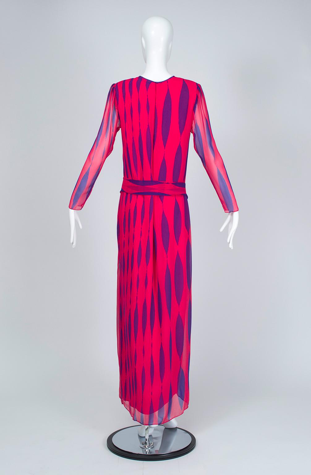 Hanae Mori Fuchsia and Purple Pop Art Column Gown - Medium, 1980s In Excellent Condition For Sale In Tucson, AZ