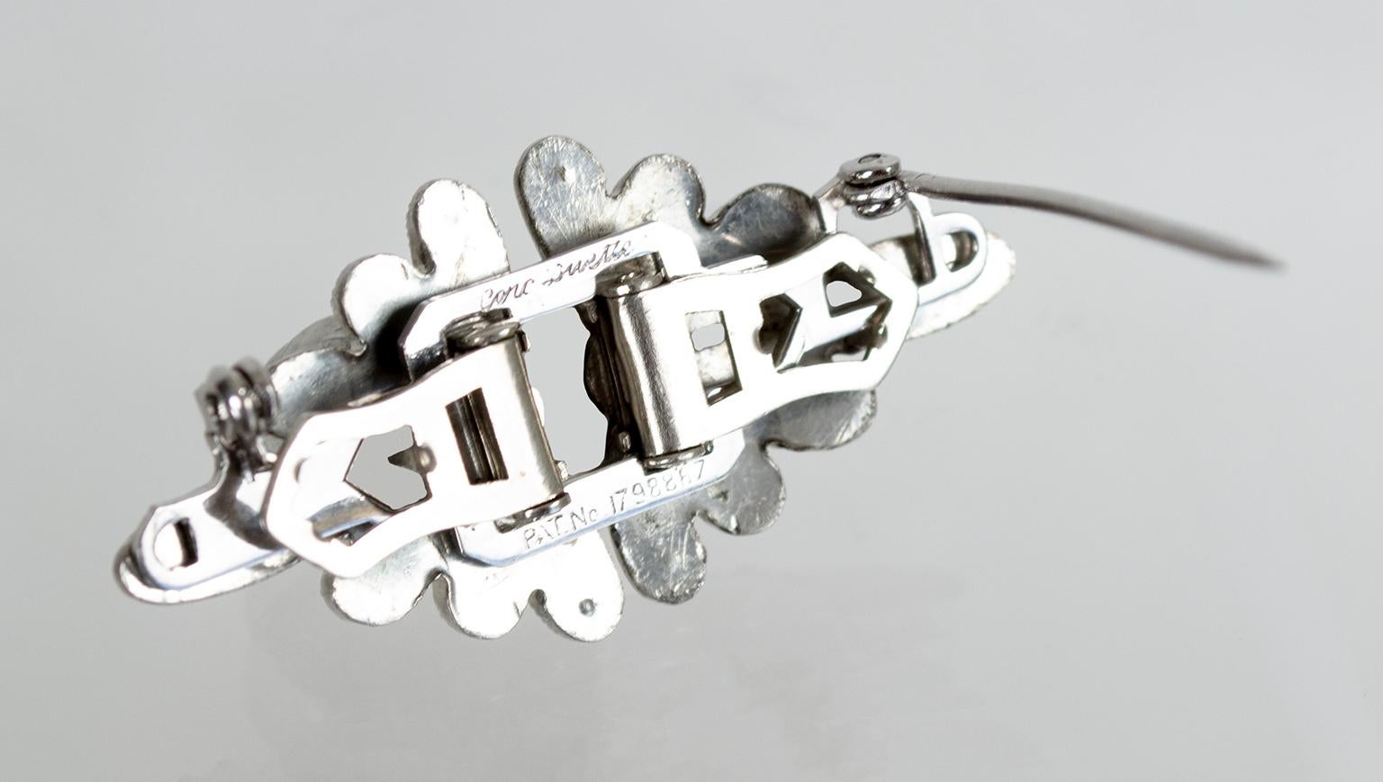Women's Signed Coro Duette Art Deco Silver and Marcasite Brooch and Dress Clip, 1940s For Sale