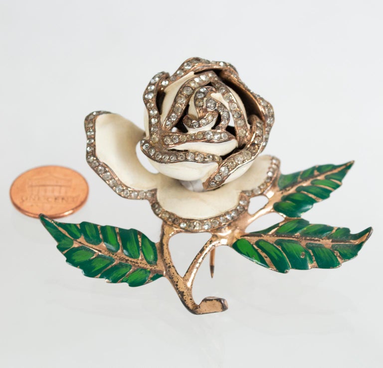 Women's Signed Nettie Rosenstein Gold Vermeil and Enamel Rose Fur Statement Pin, 1950s For Sale